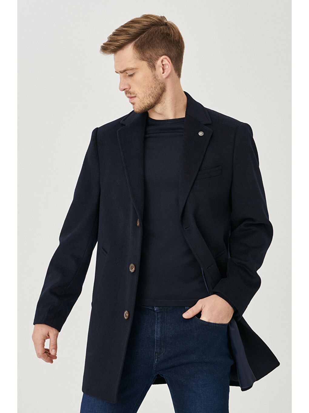 Erkek Lacivert Standart Fit Soğuk ve Rüzgar Geçirmez Özel Kumaş Yünlü Kaşe Palto-3