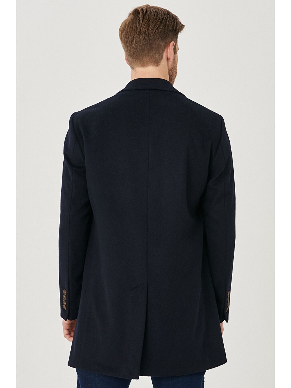 Erkek Lacivert Standart Fit Soğuk ve Rüzgar Geçirmez Özel Kumaş Yünlü Kaşe Palto-5