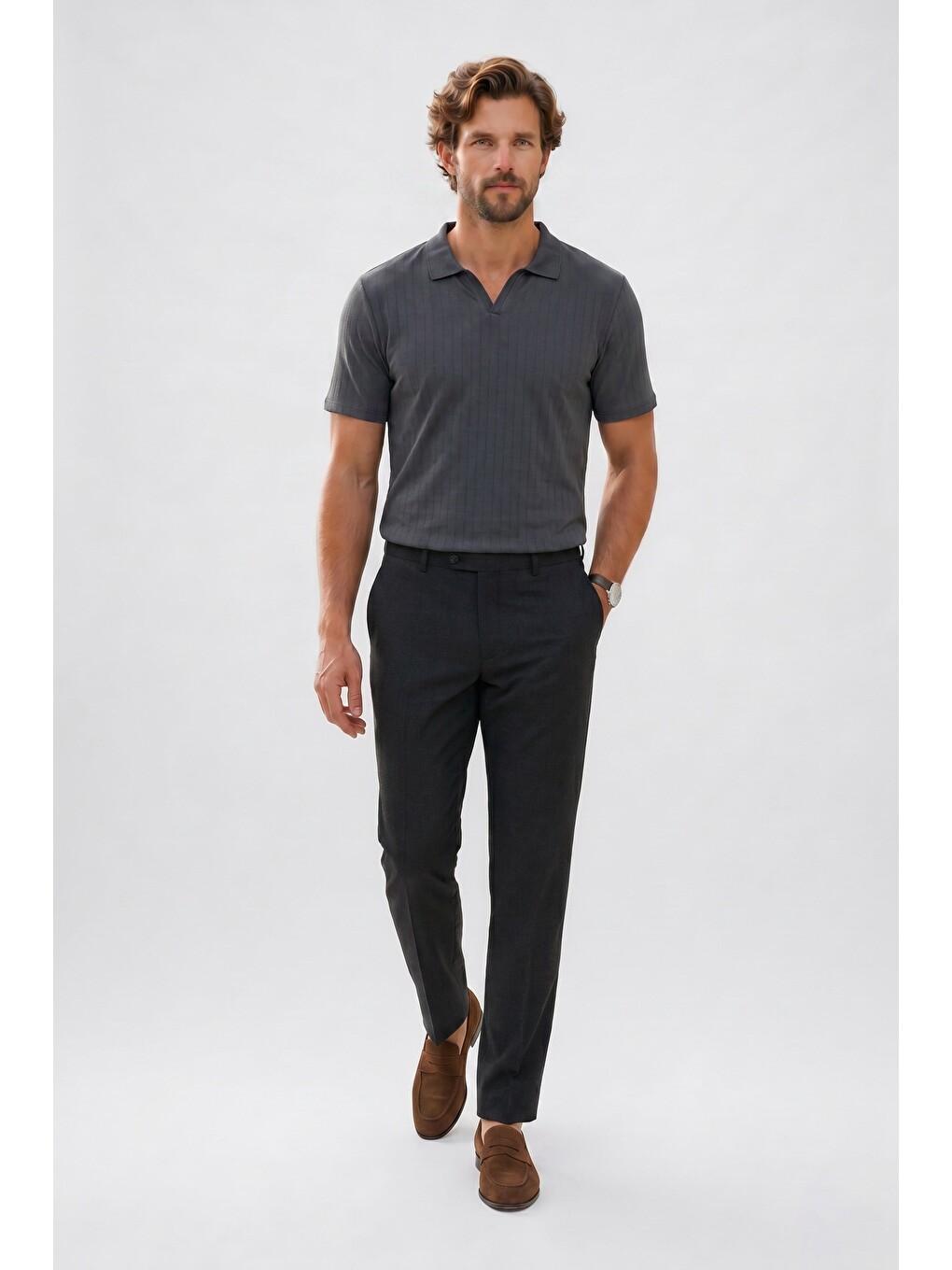 Erkek Slim Fit Dar Kesim Pamuklu Kısa Kollu Çizgili Antrasit Polo V Yaka Tişört-1