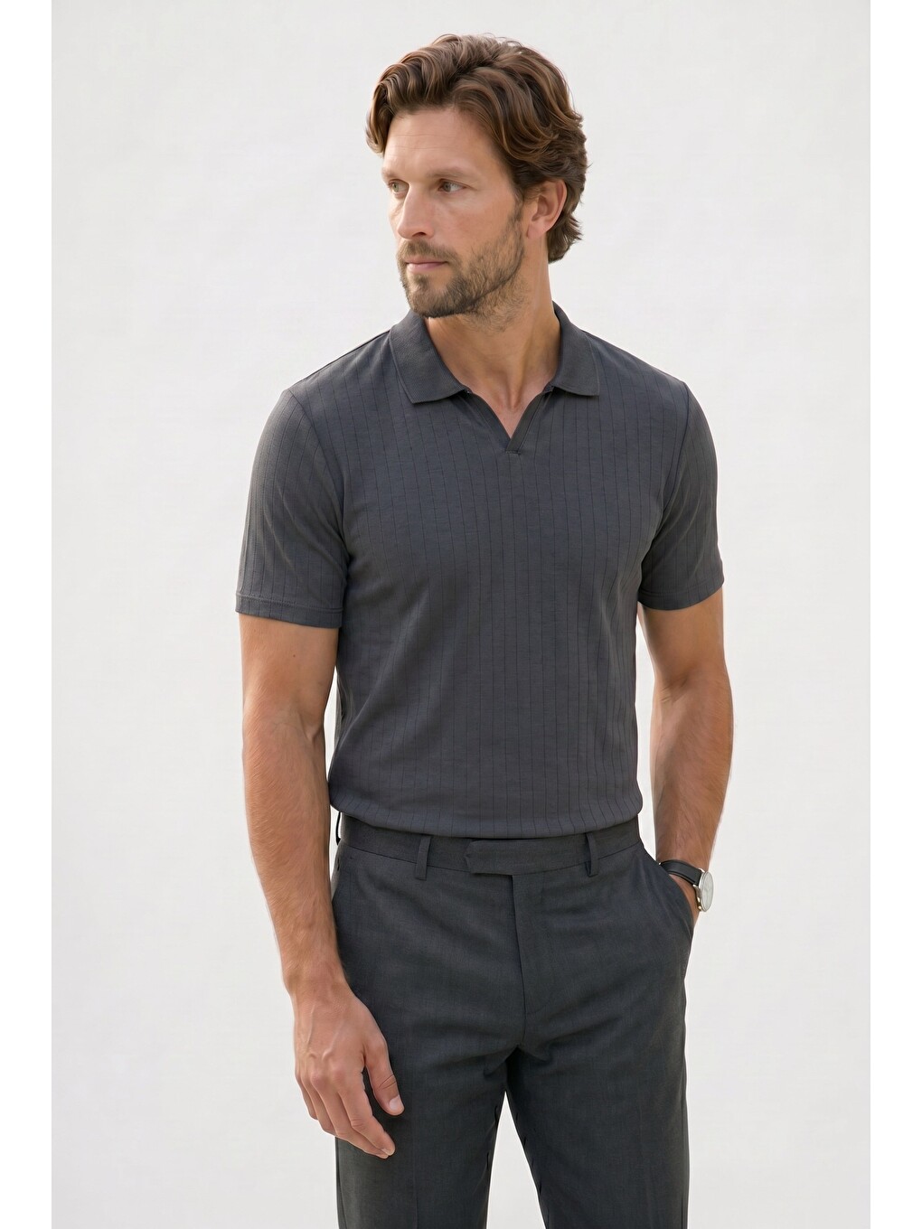 Erkek Slim Fit Dar Kesim Pamuklu Kısa Kollu Çizgili Antrasit Polo V Yaka Tişört-2