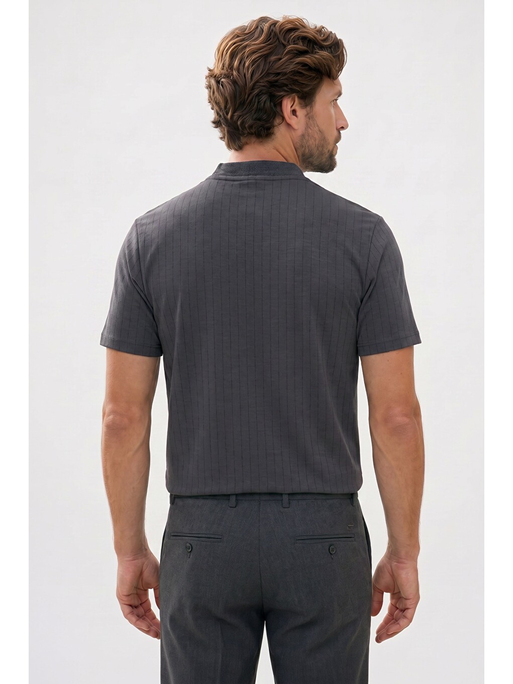 Erkek Slim Fit Dar Kesim Pamuklu Kısa Kollu Çizgili Antrasit Polo V Yaka Tişört-5