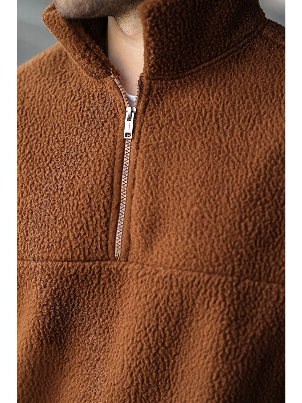 Kahverengi Yarım Fermuarlı Dik Yaka Polar Sweatshirt E7165-1
