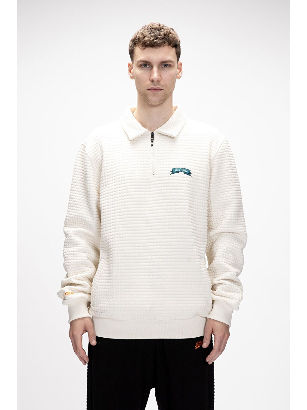 Beyaz Diez Marshmallow Yarım Fermuarlı Erkek Sweatshirt