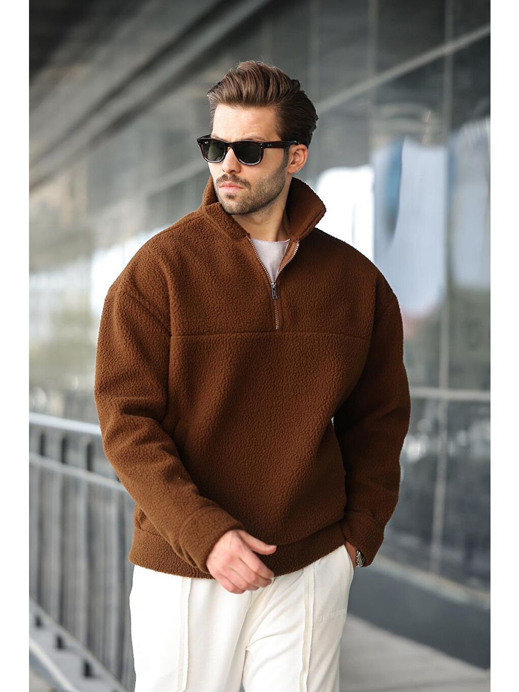 Kahverengi Yarım Fermuarlı Dik Yaka Polar Sweatshirt E7165-2