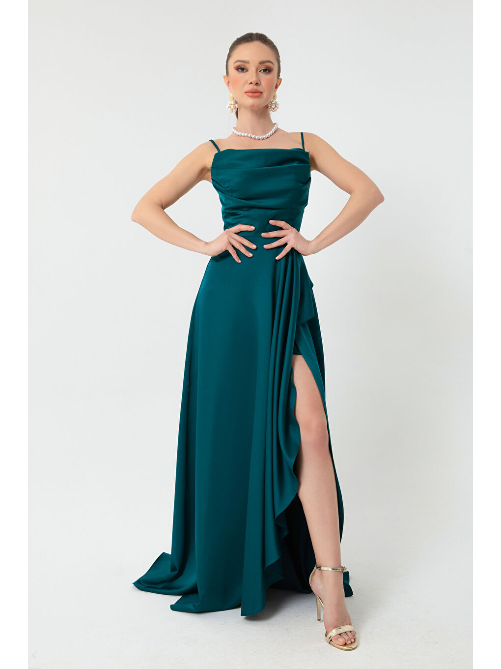 Kadın Petrol Volanlı Yırtmaçlı Saten Abiye & Mezuniyet Elbisesi-3