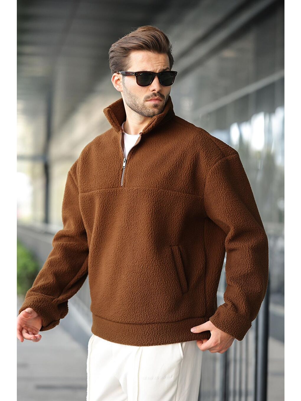 Kahverengi Yarım Fermuarlı Dik Yaka Polar Sweatshirt E7165-3