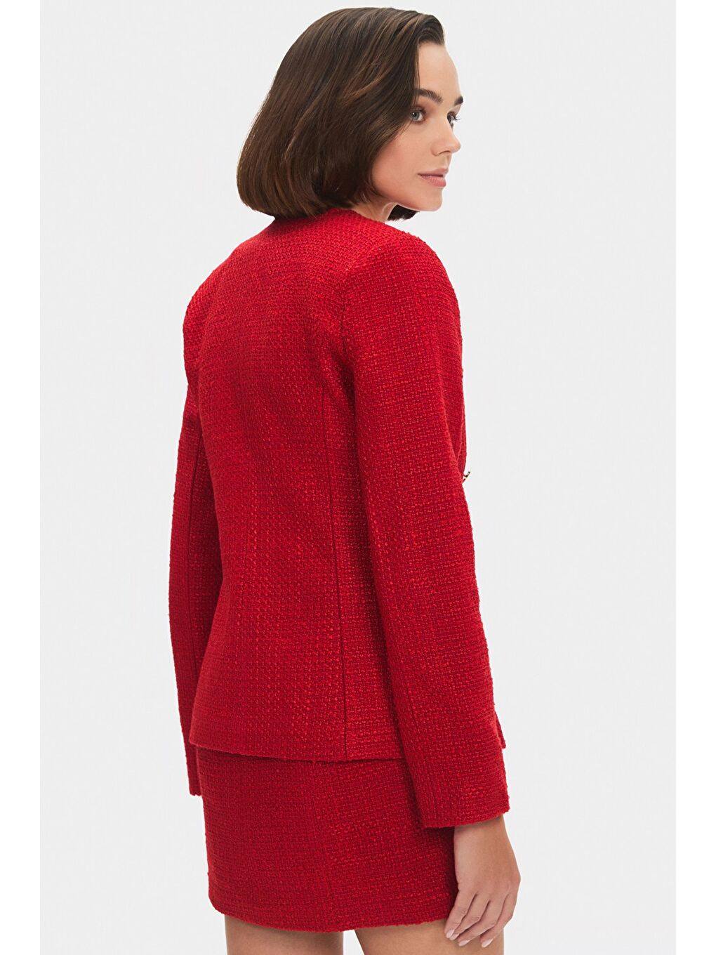 Kırmızı Kadın Pamuk Karışımlı Düğme Detaylı Tuvit Ceket-1