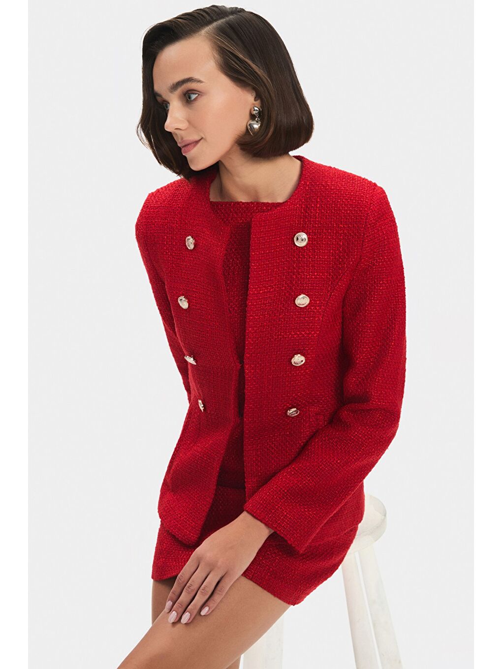 Kırmızı Kadın Pamuk Karışımlı Düğme Detaylı Tuvit Ceket-2