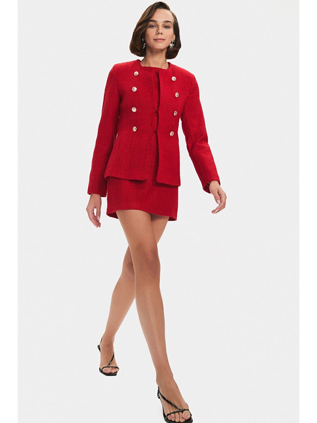Kırmızı Kadın Pamuk Karışımlı Düğme Detaylı Tuvit Ceket-3