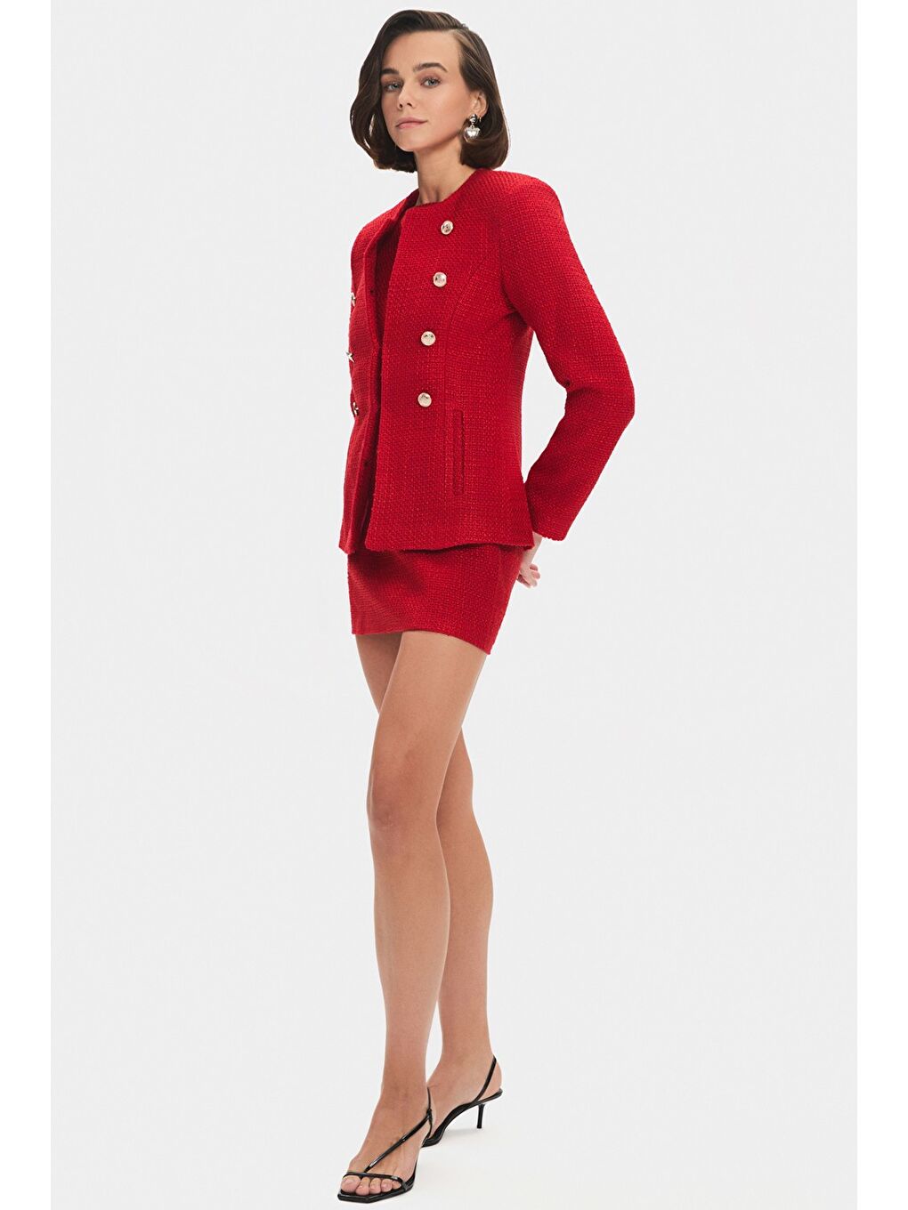 Kırmızı Kadın Pamuk Karışımlı Düğme Detaylı Tuvit Ceket-4