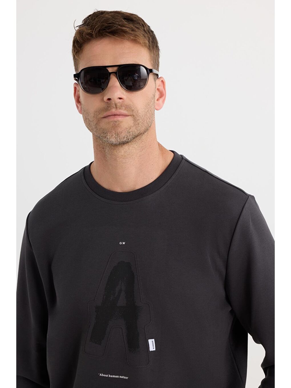 Unisex Relax Fit Pamuklu Yumuşak Dokulu Bisiklet Yaka İçİ Polarlı Baskılı Antrasit Sweatshirt​​​​​​​-1