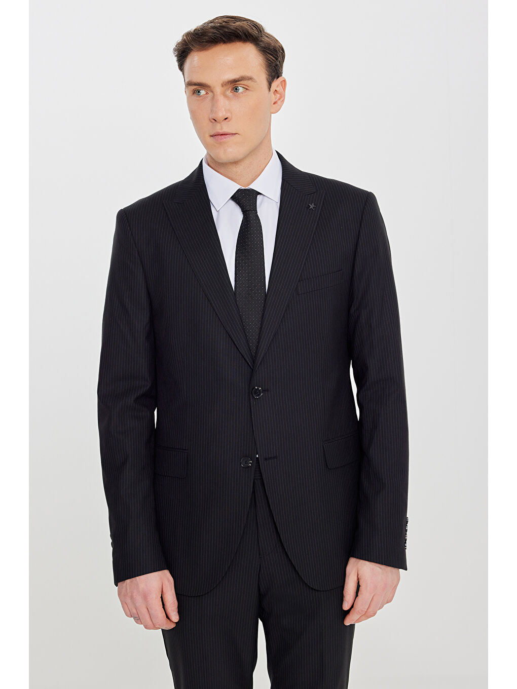 Erkek Siyah Slim Fit Kırlangıç Yaka Çizgili Esnek Takım Elbise-1