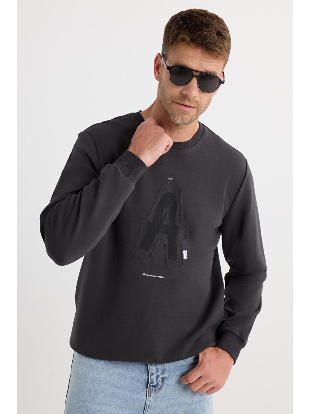 Unisex Relax Fit Pamuklu Yumuşak Dokulu Bisiklet Yaka İçİ Polarlı Baskılı Antrasit Sweatshirt​​​​​​​-4