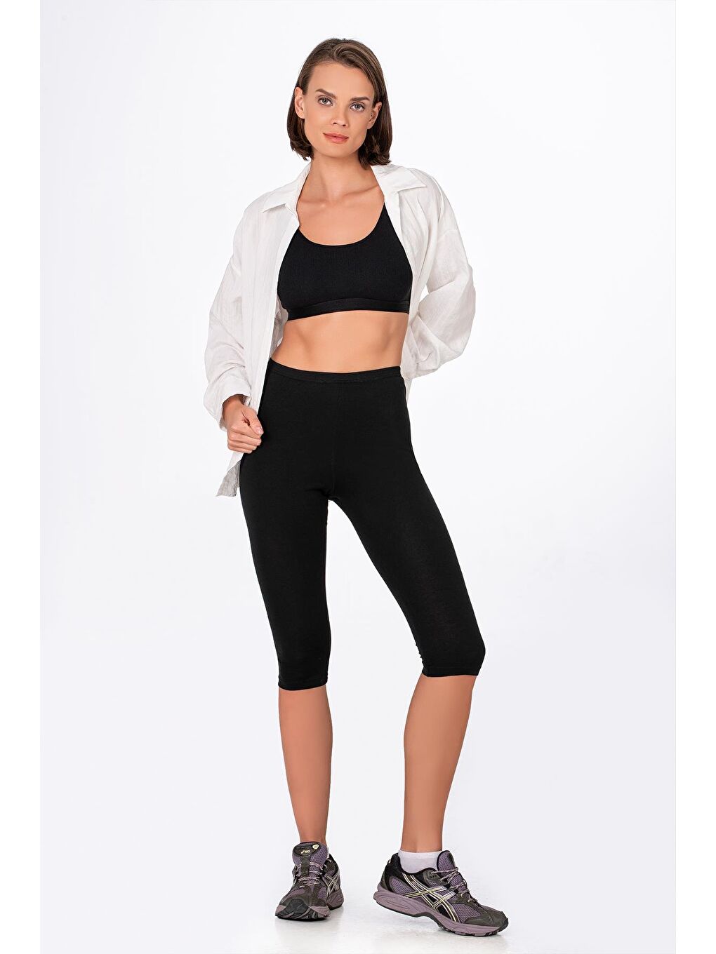 Kadın Elastanlı Süprem Düz Kapri Tayt | Siyah K0458