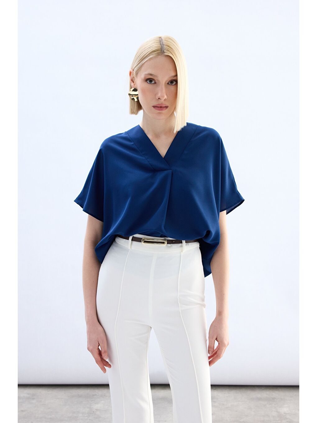 Geniş Kısa Kollu Bluz - İndigo-2