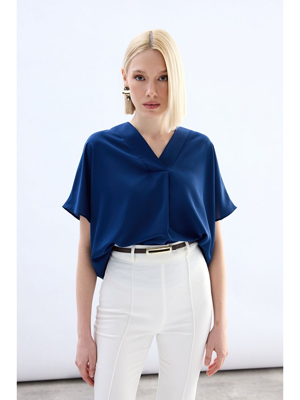 Geniş Kısa Kollu Bluz - İndigo-3
