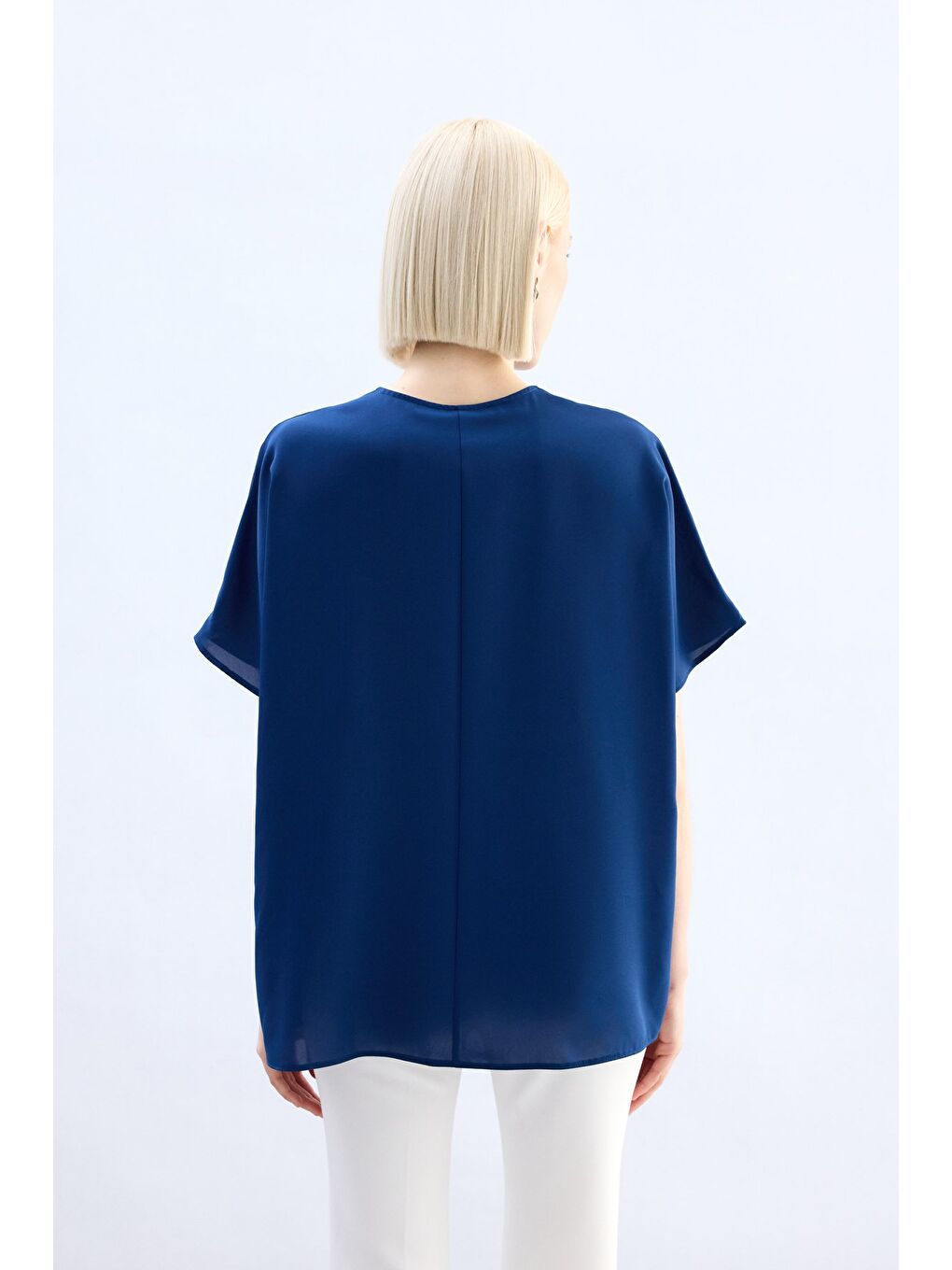 Geniş Kısa Kollu Bluz - İndigo-4