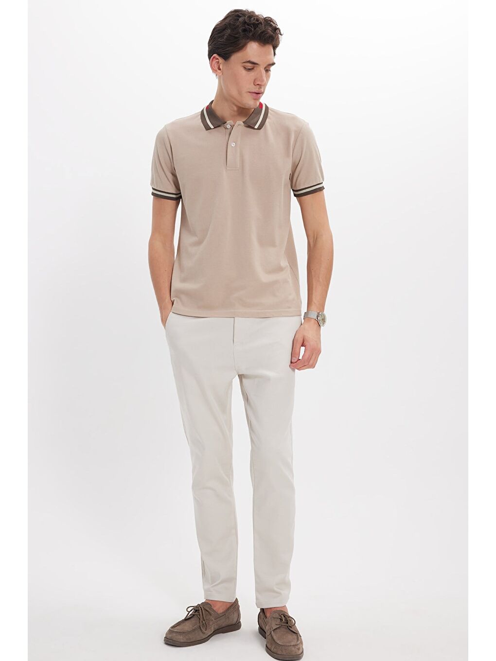 Erkek Slim Fit Dar Kesim %100 Pamuk Düz Pike Yaka Ve Kol Detaylı Bej Polo Yaka Tişört-1