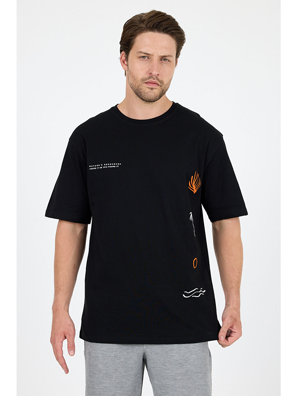 Siyah Bisiklet Yaka Baskılı Penye Erkek %100 Pamuk Tişört-1