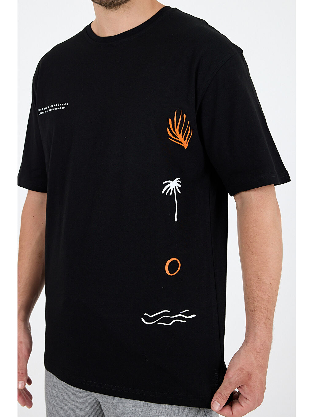 Siyah Bisiklet Yaka Baskılı Penye Erkek %100 Pamuk Tişört-2