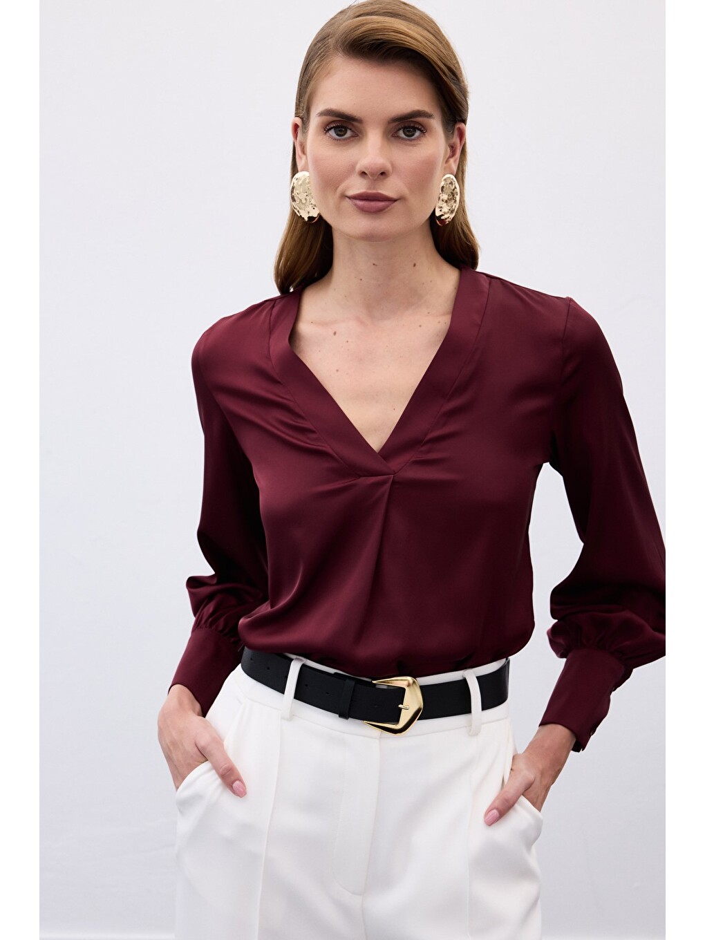 V Yaka Saten Bluz - Bordo-1