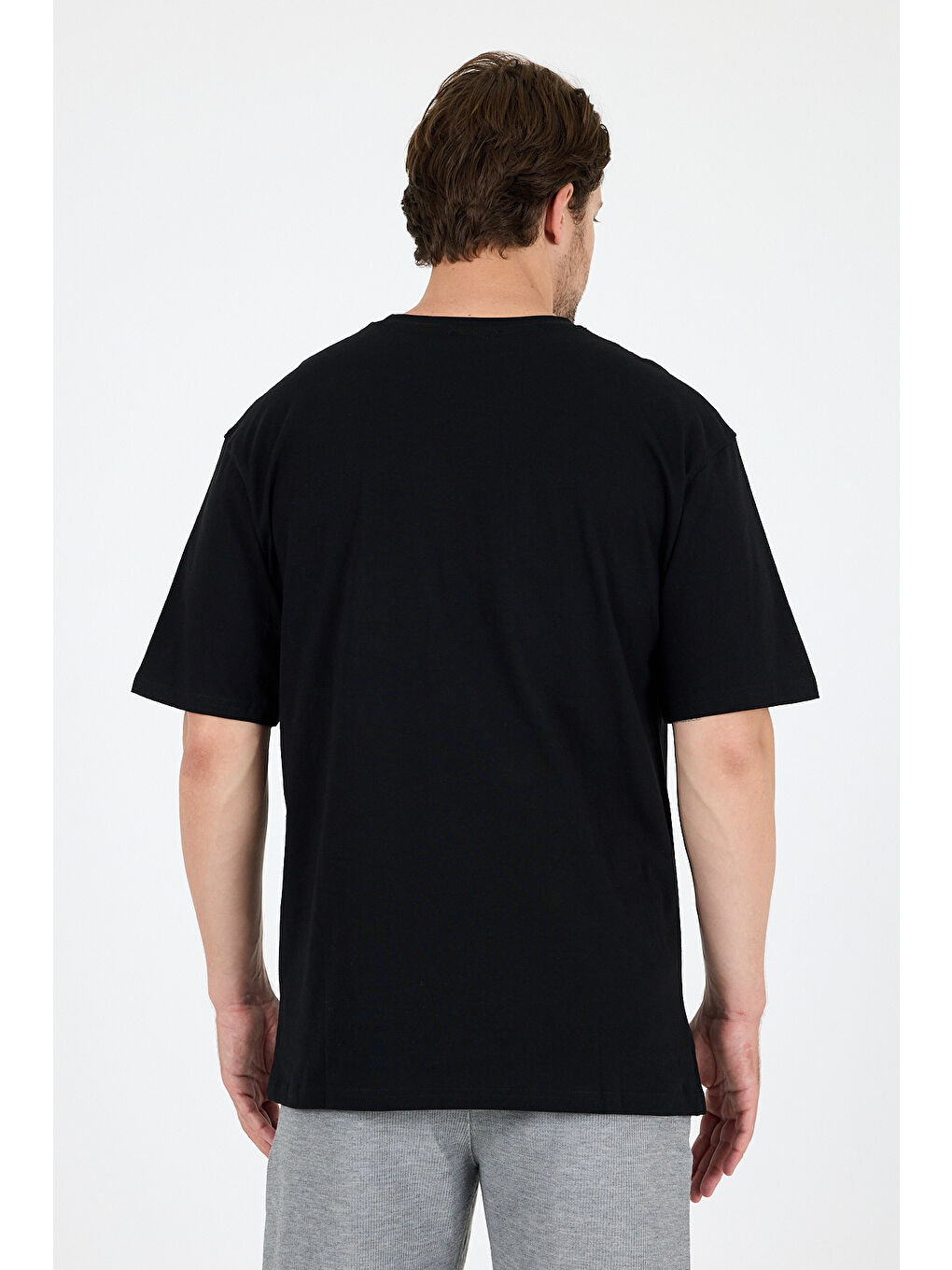 Siyah Bisiklet Yaka Baskılı Penye Erkek %100 Pamuk Tişört-4