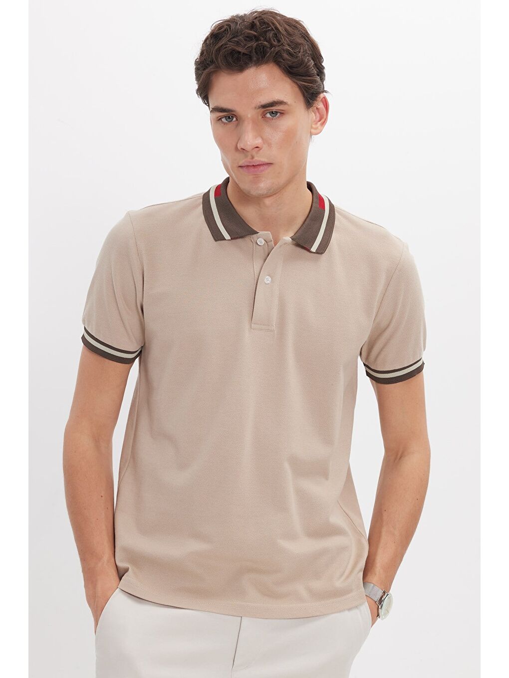 Erkek Slim Fit Dar Kesim %100 Pamuk Düz Pike Yaka Ve Kol Detaylı Bej Polo Yaka Tişört-2