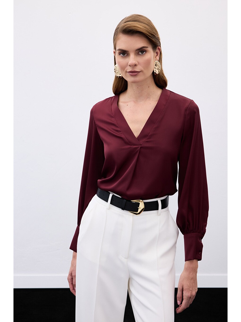 V Yaka Saten Bluz - Bordo-2