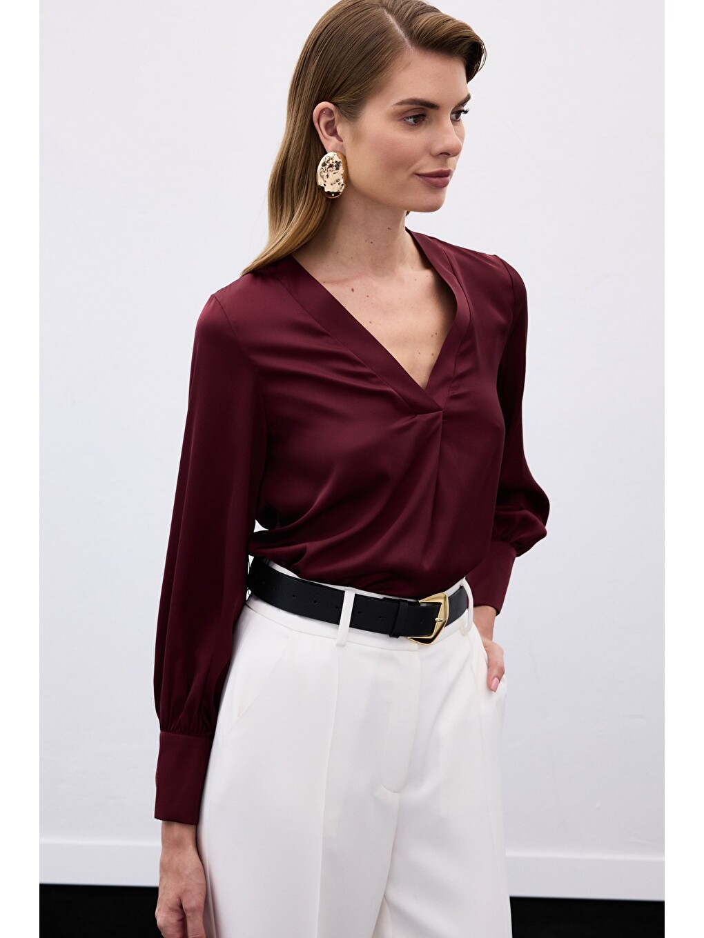 V Yaka Saten Bluz - Bordo-5