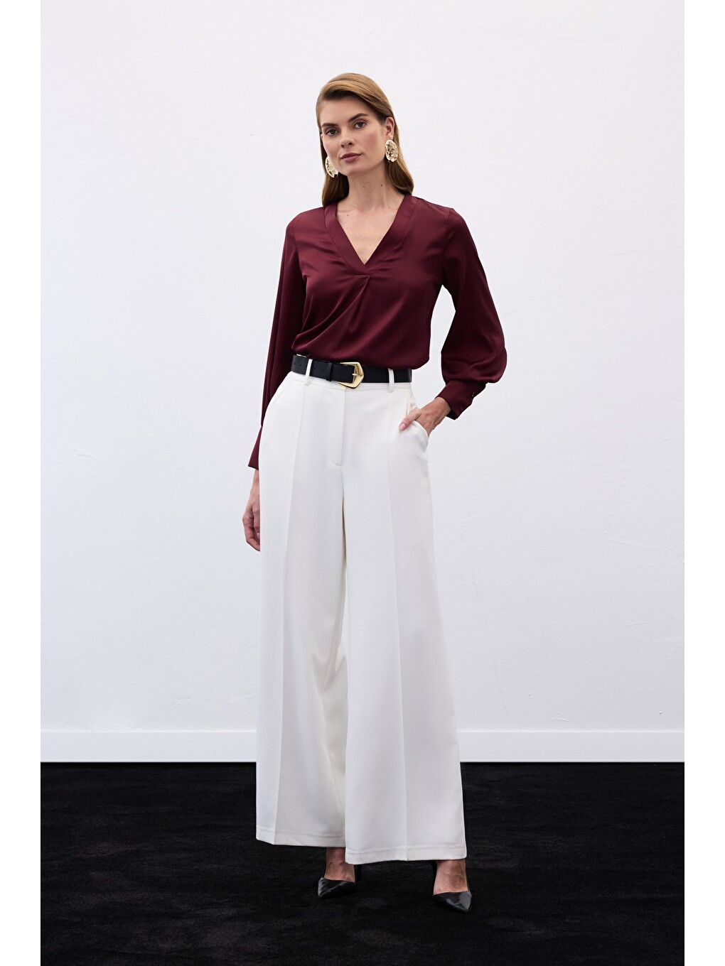 V Yaka Saten Bluz - Bordo-6