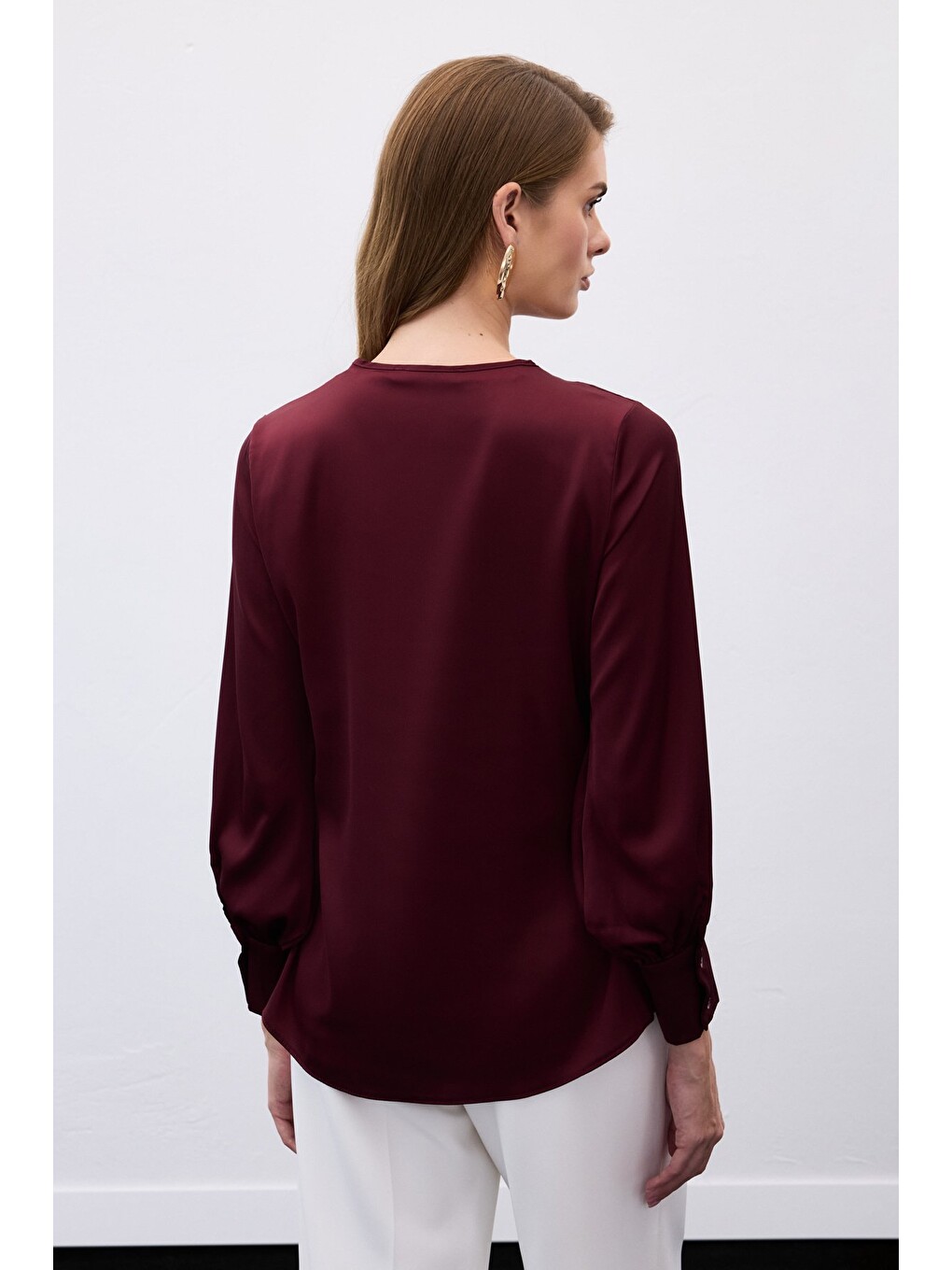 V Yaka Saten Bluz - Bordo-7