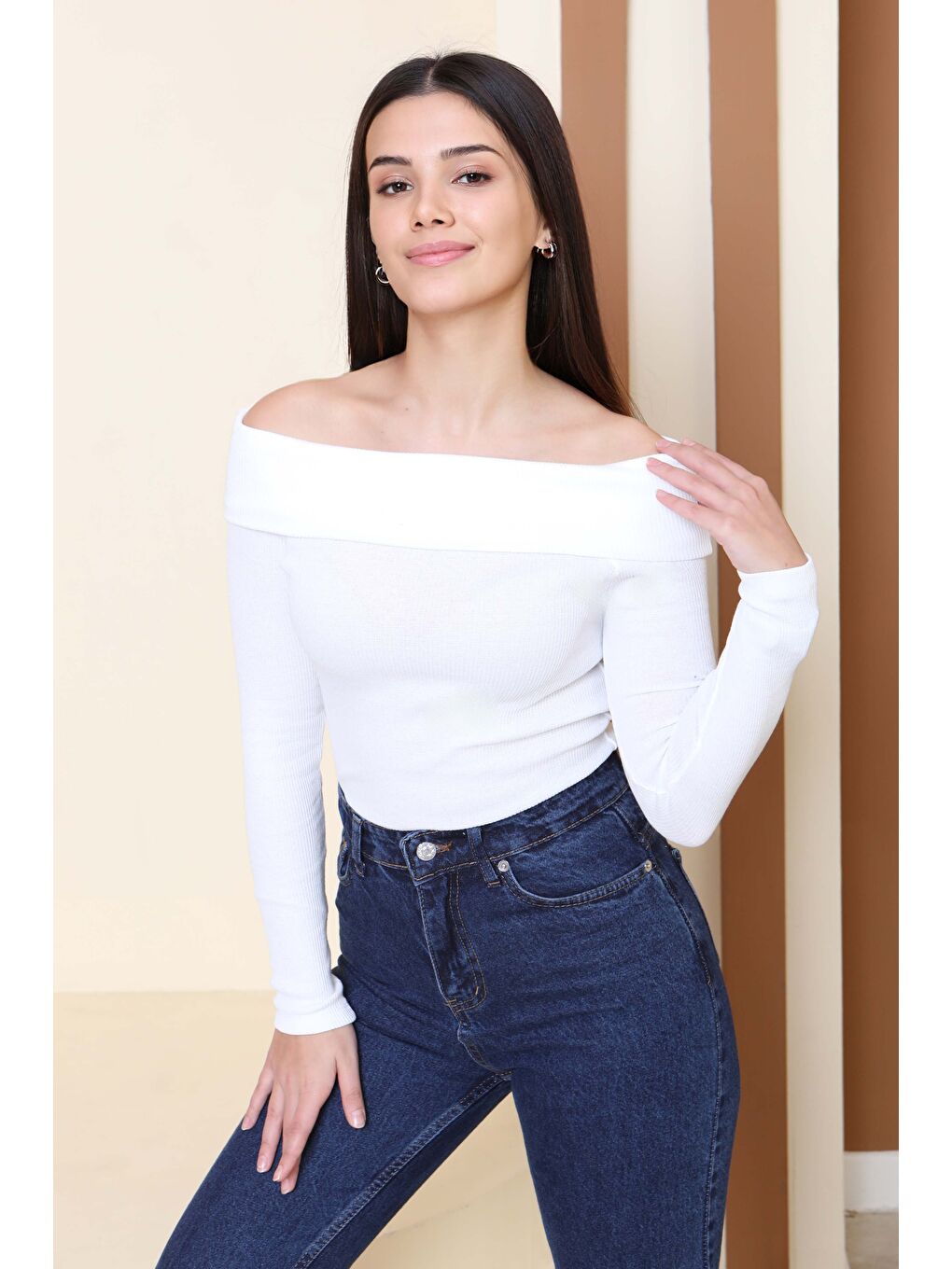 Madonna Yaka Kaşkorse Uzun kollu Bluz Beyaz - 27897-BEYAZ-2