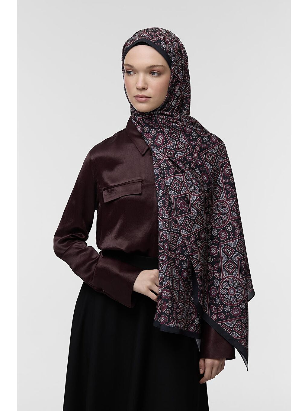 Bordo Daily Print Şal Palm Desenli