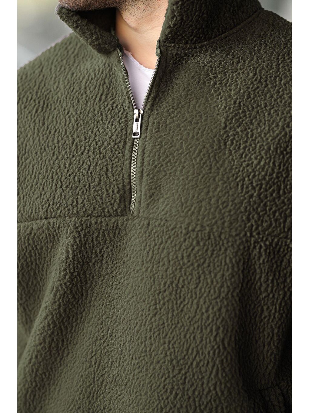 Haki Yarım Fermuarlı Dik Yaka Polar Sweatshirt E7165-1