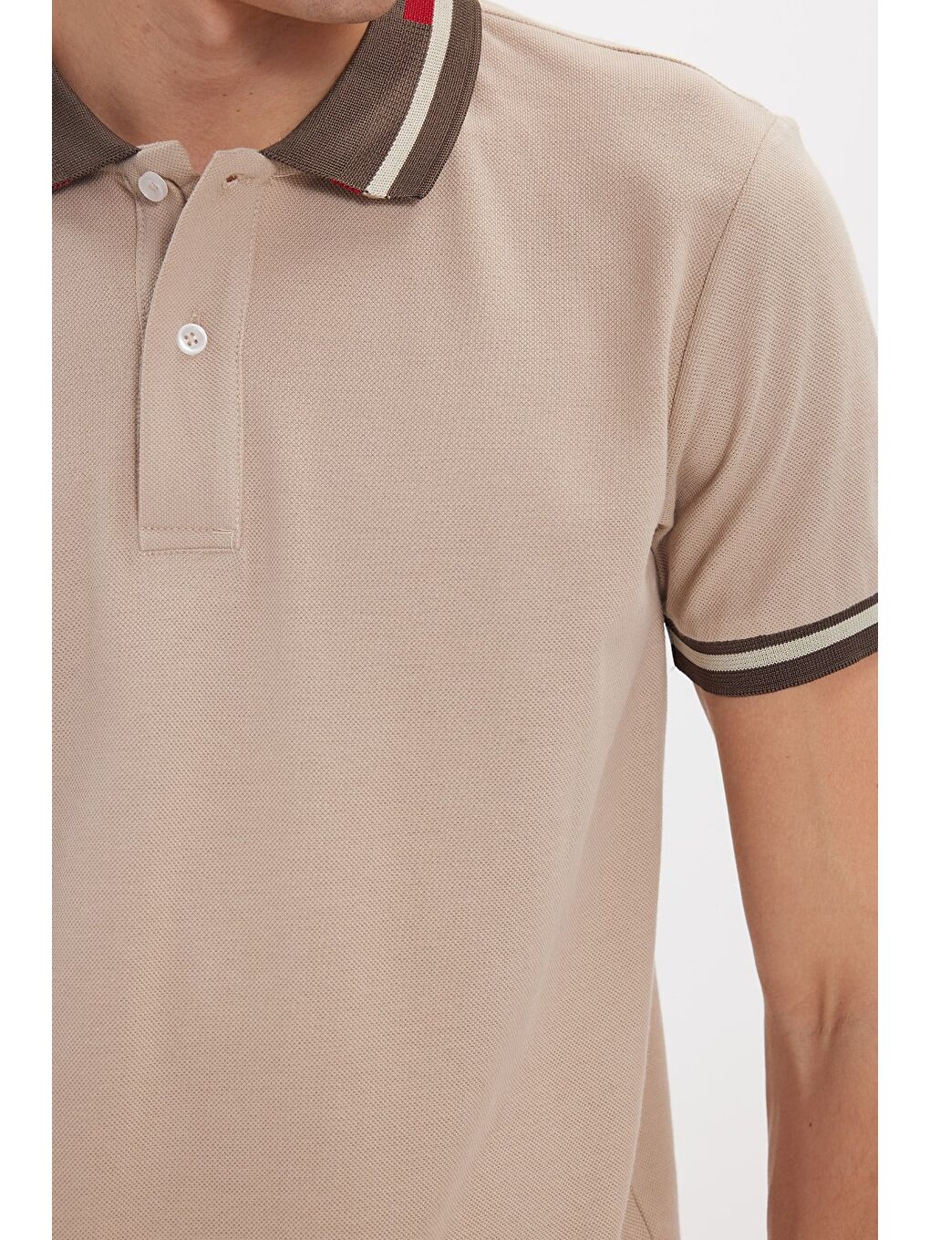 Erkek Slim Fit Dar Kesim %100 Pamuk Düz Pike Yaka Ve Kol Detaylı Bej Polo Yaka Tişört-4
