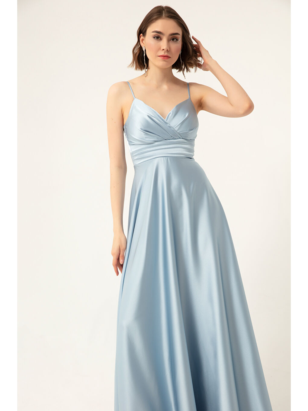 Kadın Bebe Mavi İp Askılı Bel Kemerli Saten Uzun Abiye & Mezuniyet Elbisesi-1