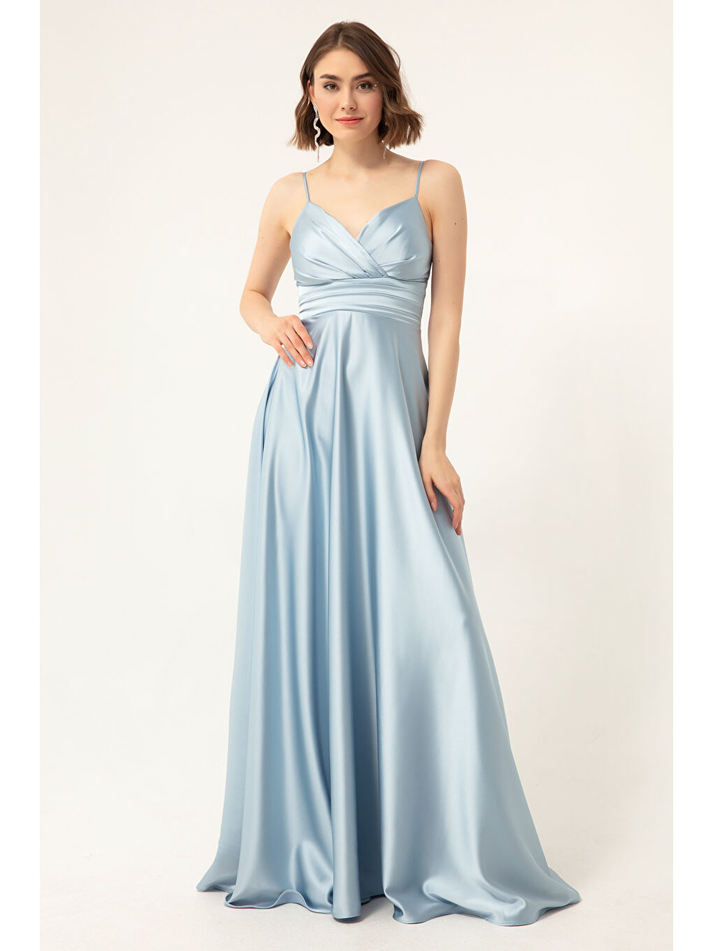 Kadın Bebe Mavi İp Askılı Bel Kemerli Saten Uzun Abiye & Mezuniyet Elbisesi-2