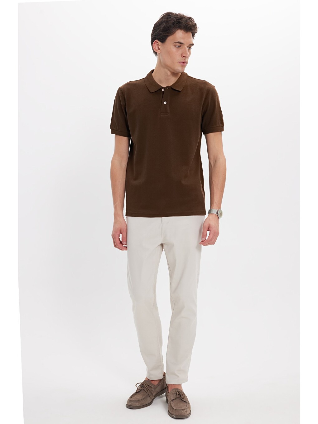 Erkek Slim Fit Dar Kesim %100 Pamuk Kısa Kollu Polo Yaka Kahverengi Tişört-1