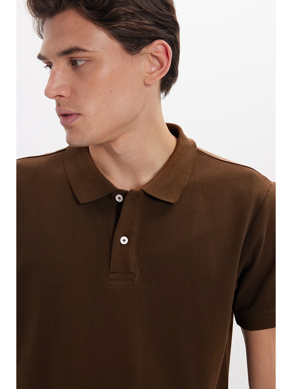 Erkek Slim Fit Dar Kesim %100 Pamuk Kısa Kollu Polo Yaka Kahverengi Tişört-2