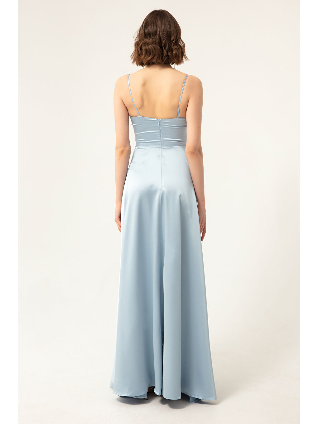 Kadın Bebe Mavi İp Askılı Bel Kemerli Saten Uzun Abiye & Mezuniyet Elbisesi-4