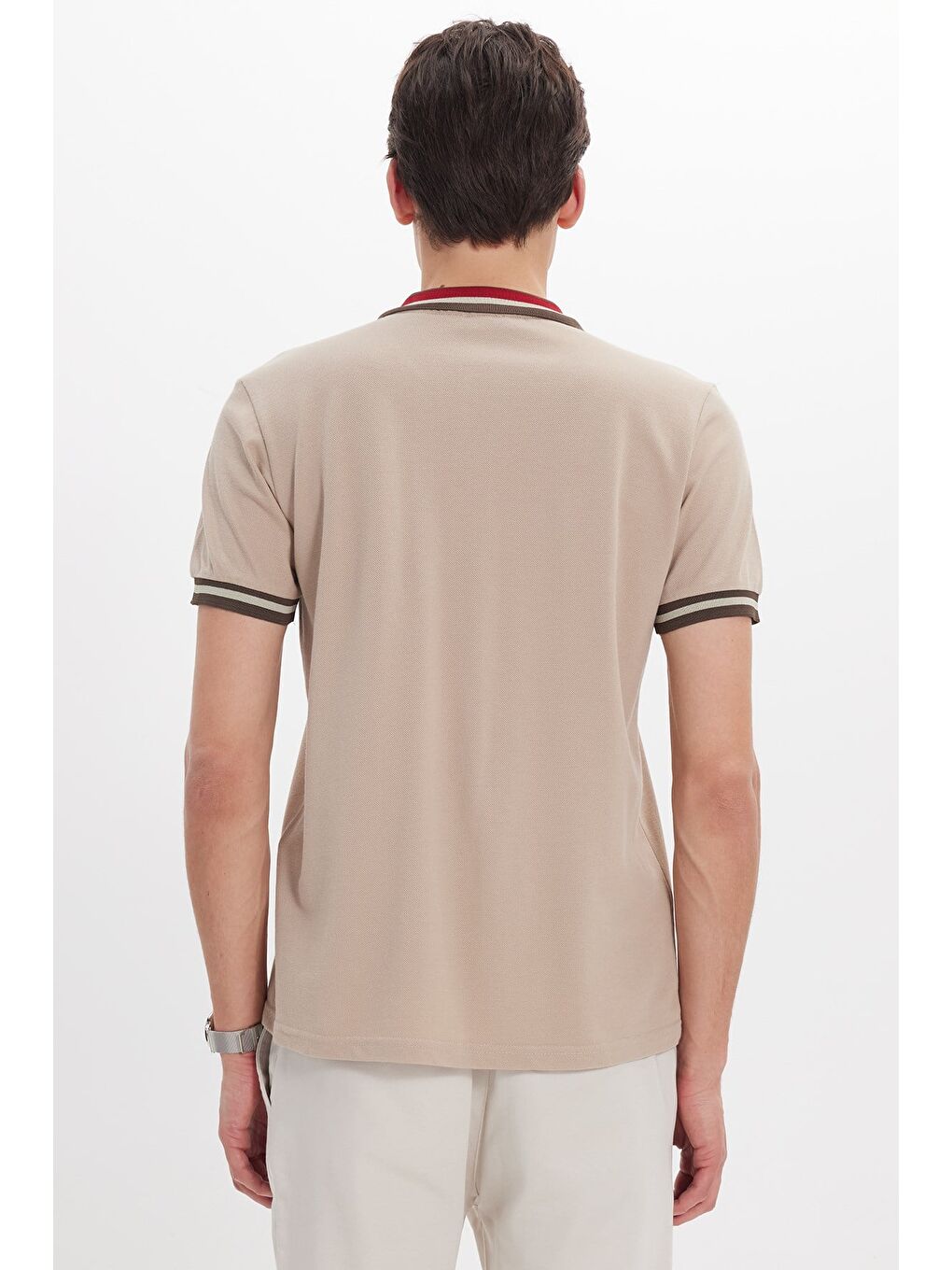 Erkek Slim Fit Dar Kesim %100 Pamuk Düz Pike Yaka Ve Kol Detaylı Bej Polo Yaka Tişört-5