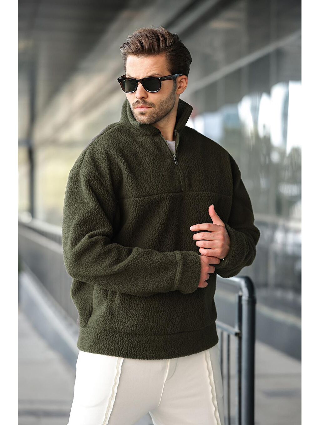 Haki Yarım Fermuarlı Dik Yaka Polar Sweatshirt E7165-2