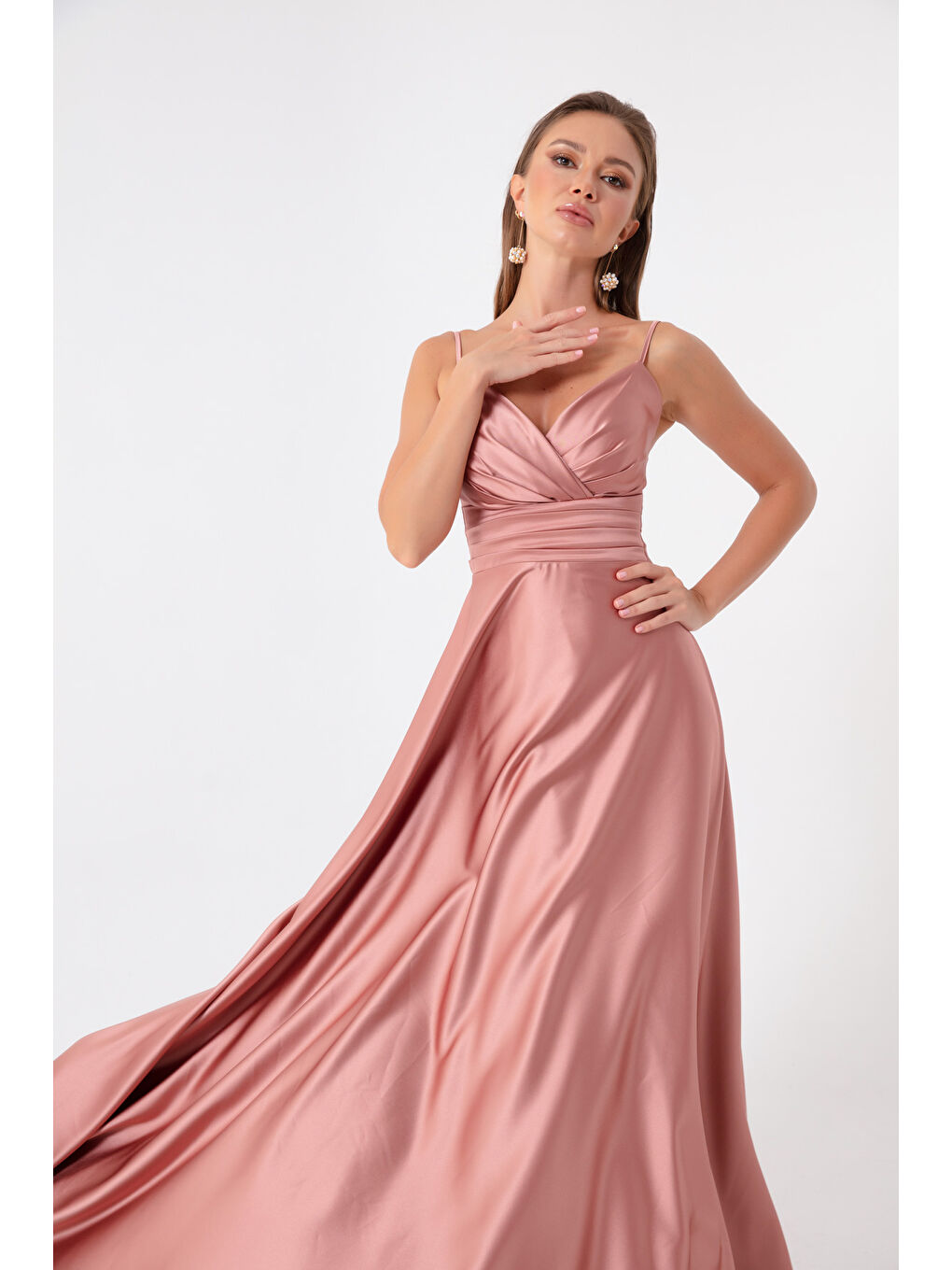 Pembe Kadın Somon İp Askılı Bel Kemerli Saten Uzun Abiye & Mezuniyet Elbisesi-2