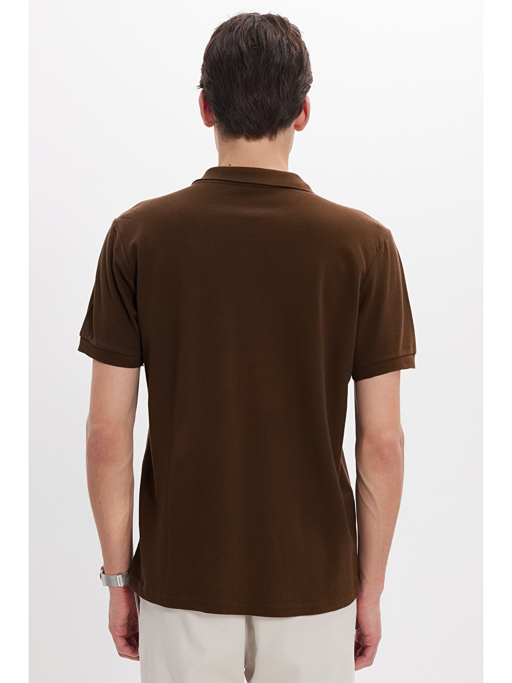 Erkek Slim Fit Dar Kesim %100 Pamuk Kısa Kollu Polo Yaka Kahverengi Tişört-5