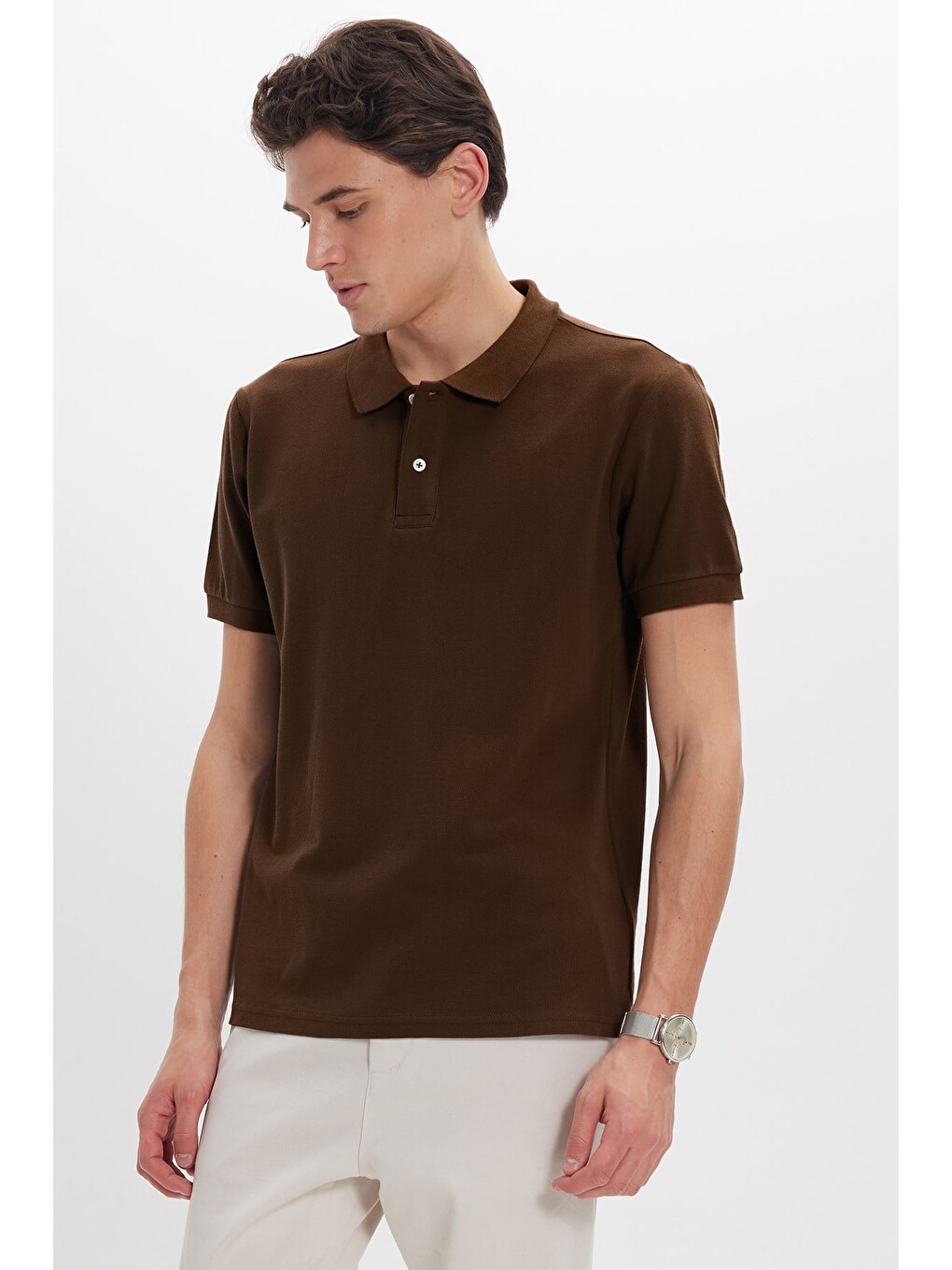 Erkek Slim Fit Dar Kesim %100 Pamuk Kısa Kollu Polo Yaka Kahverengi Tişört-6