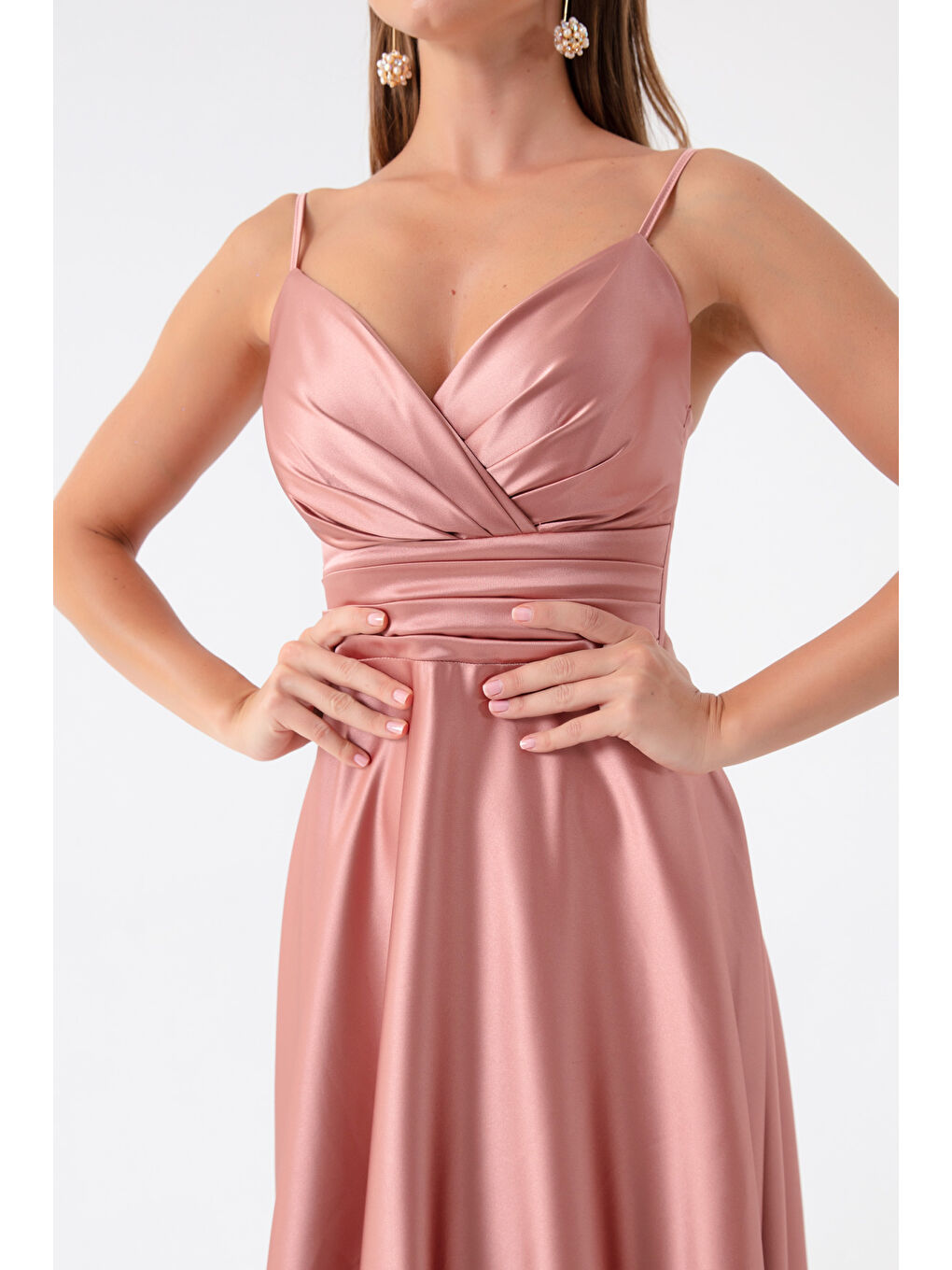 Pembe Kadın Somon İp Askılı Bel Kemerli Saten Uzun Abiye & Mezuniyet Elbisesi-3