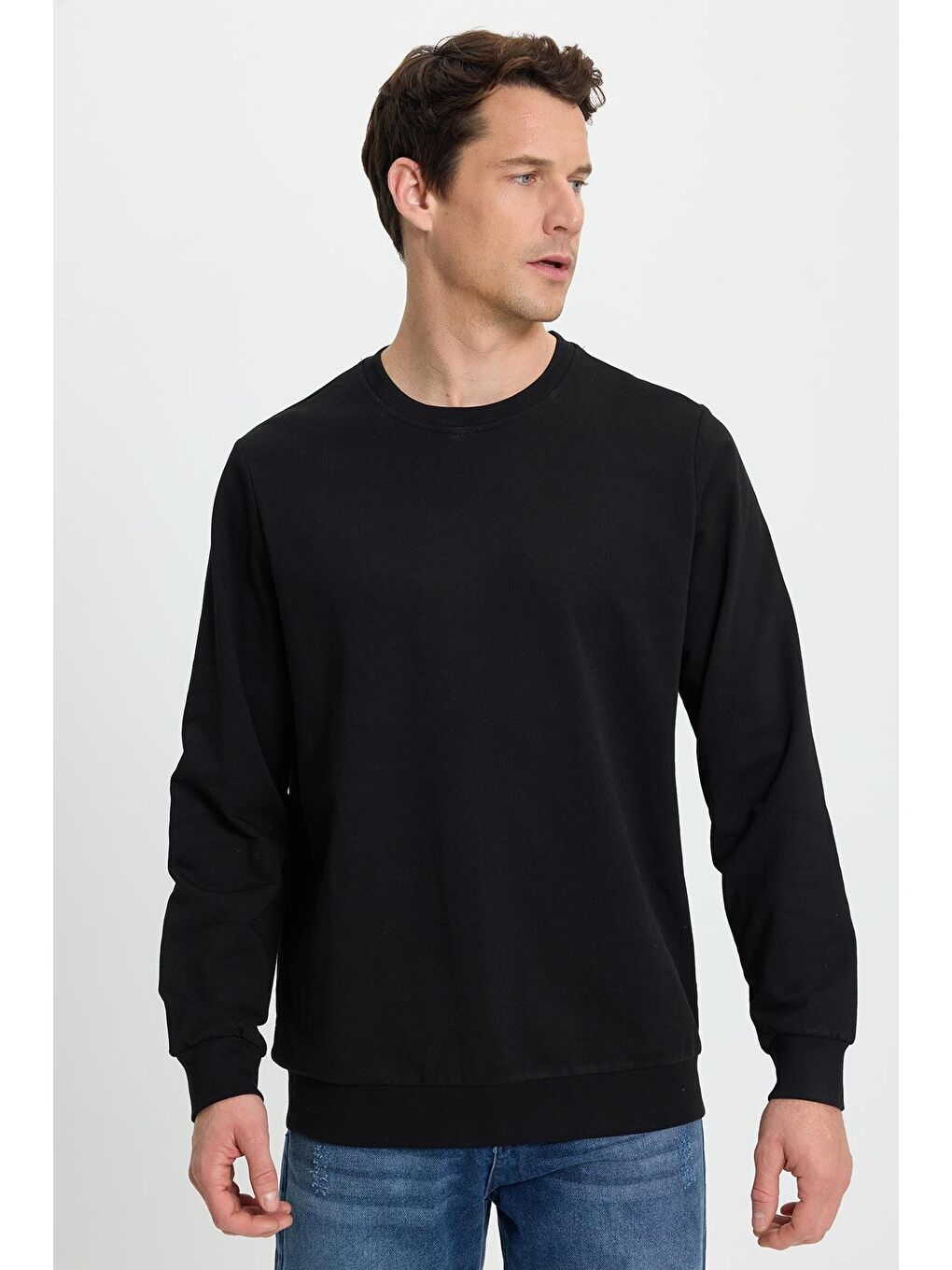 Erkek Relax Fit Rahat Kesim %100 Pamuk 2 İplik Bisiklet Yaka Siyah Sweatshirt-5
