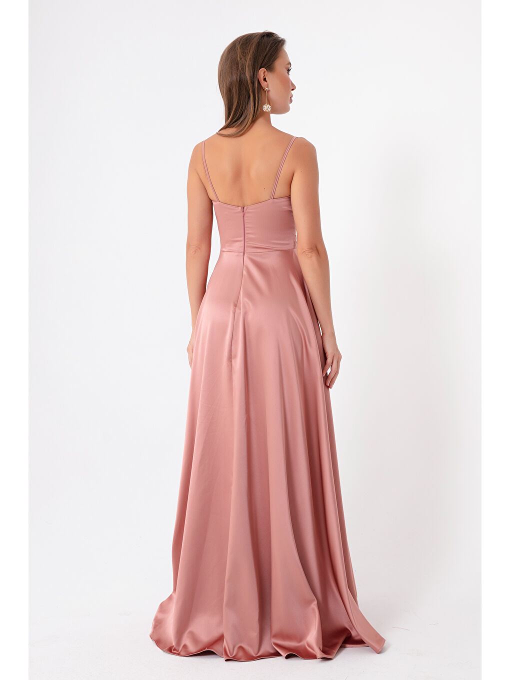 Pembe Kadın Somon İp Askılı Bel Kemerli Saten Uzun Abiye & Mezuniyet Elbisesi-4
