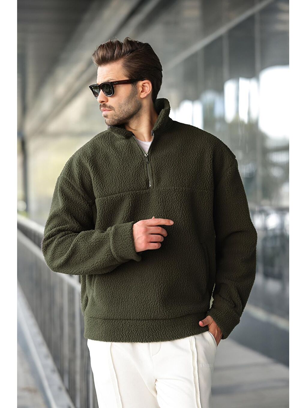 Haki Yarım Fermuarlı Dik Yaka Polar Sweatshirt E7165-3