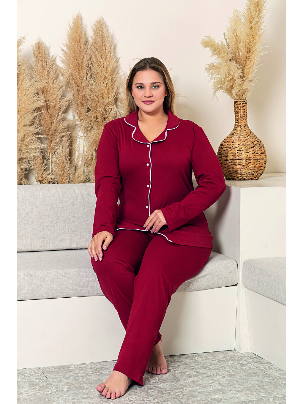 Bordo Kadın %100 Organik Pamuk Doğal Gömlek Yaka Düğmeli Uzun Kollu Biyeli Battal Pijama Takımı